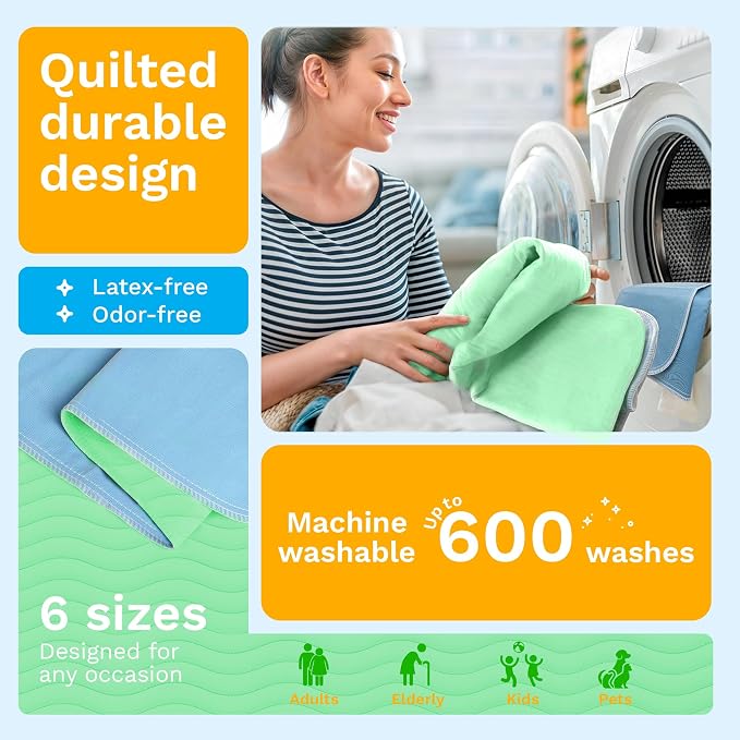 GREEN LIFESTYLE® Washable Underpads - Heavy Absorbency Reusable Bedwetting Incontinence Pads for Kids, Adults, Elderly, and Pets - Toddler Mattress Pads for Bed, Sofa, Floor (Pack of 4 - 34x36) - Image 6