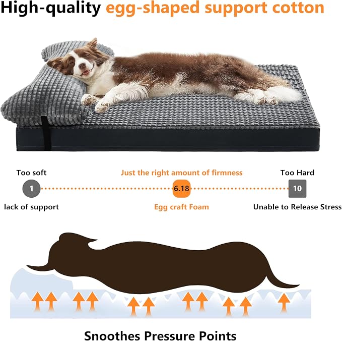 KISYYO Orthopedic L Dog Beds for Large Dogs with Removable Washable Cover and Removable Pillow for Crate,Waterproof Extra Large Dogs Mat, Grey, 35x23 - Image 3