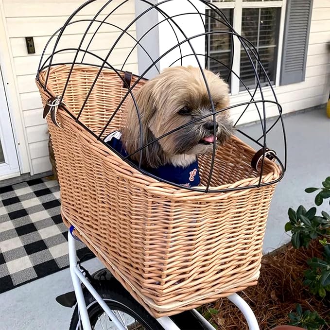 Natural Wicker Dog Bike Basket - 100% Organic Rattan Pet Carrier with Protective Grille - Eco Friendly Design - Soft Cotton Cushion & Mounting Bracket for Secure Bicycle Rear Luggage Rack
