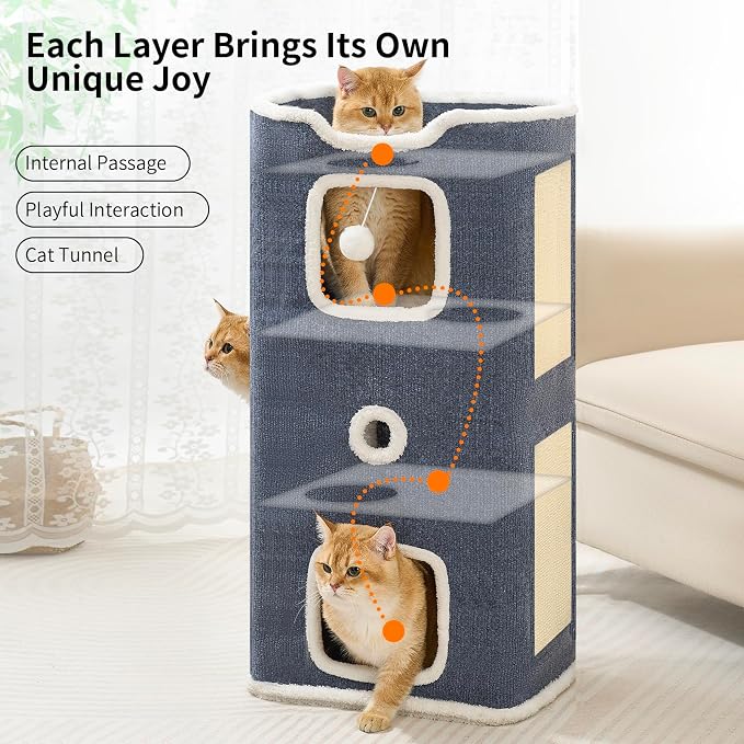 Cat House, Cat Beds for Indoor Cats, 3-Story Cat Condo Cube | Cat Bed Cave with Scratch Pad and Fluffy Ball Hanging, Multi-Level Cozy Hideout Center Ideal for Small/Medium Cats - Image 2
