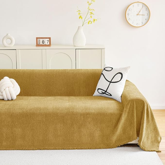 hyha Couch Cover for Dogs, Boho Chenille Sofa Cover for 3 Cushion Couch | Anti-Scratch Washable Sofa Slipcover, Loveseat Sectional Couch Throw Blankets with Tassels (Yellow, 88.5x150 Inch) - Image 2