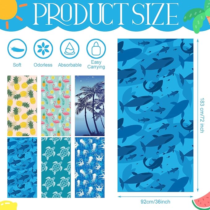 Peryiter 6 Pcs Oversized Microfiber Beach Towels Sand Free Quick Dry Large Pool Towels Absorbent Camping Travel Blanket Set for Women Men Bath Beach(Tropical, 72 x 36 Inch, Colorful) - Image 2