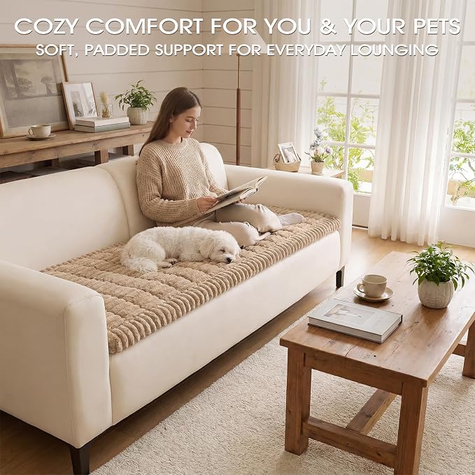 Non-Slip Washable Couch Cover for Dogs, Soft Thick Ribbed Flannel | 27.6"x70.9", Taupe, 0.8" Thick, Rubber Dot Backing, Pet-Friendly Protector for Sofa, Floor, Window Bench, Car Seat or Camping - Image 2