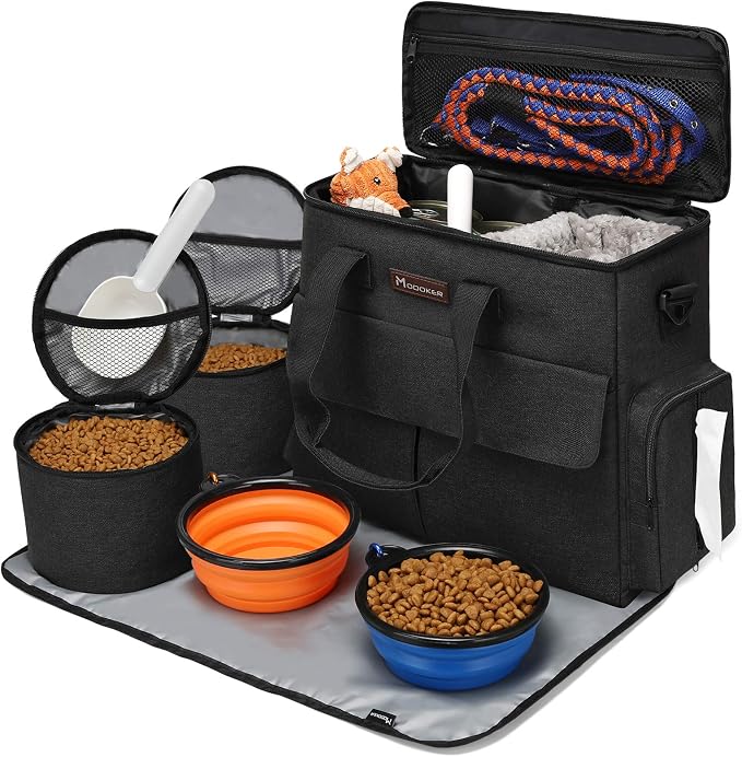 Modoker Weekend Dog Travel Bag Set with 2 Food Bags, 2 Bowls and Mat, Black | Dog Travel Accessories Organizer for Camping and Road Trips with Roomy Storage, Multiple Pockets and Water-Resistant Oxford by Modoker