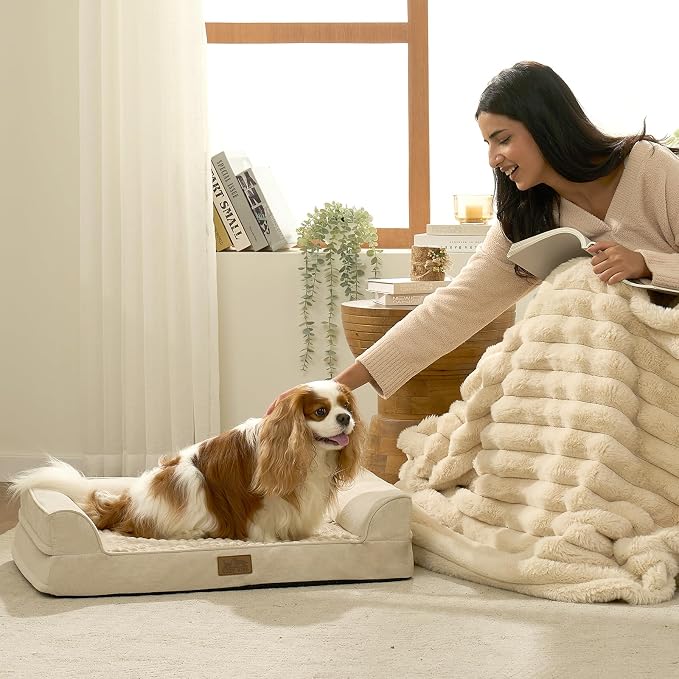 COZY KISS Orthopedic Dog Bed for Small Medium Size Dogs, Bolster Pet Couch with Waterproof Lining, Egg Crate Foam Sofa for Pets Up to 30 lbs, U-Shaped, 30x20x6.5 inch, Beige - Image 3