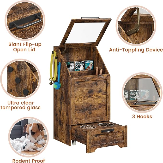 Garvee Dog Feeding Station with 2 Elevated Bowls, Brown | Wooden Dog Food Storage Cabinet, Flip Top Pet Feeding Station, Food Storage Container, Pet Toy Organizer - Image 6