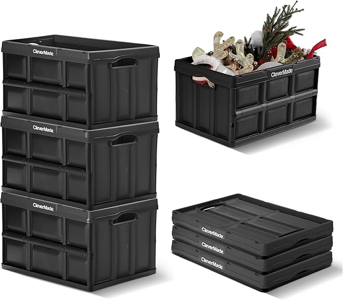 CleverMade Collapsible Storage Bins, 46L, 3 Pack, Obsidian | Each bin supports 75 lb for groceries, tools, or gear. Interlocking bases stack securely, and the bins fold to 2.75 inches. by CleverMade
