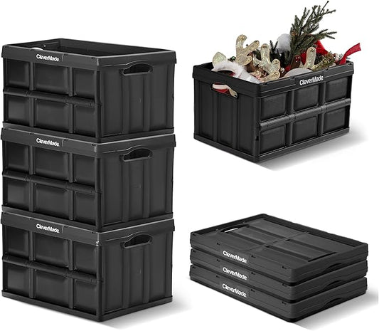 CleverMade Collapsible Storage Bins, 46L, 3 Pack, Obsidian | Each bin supports 75 lb for groceries, tools, or gear. Interlocking bases stack securely, and the bins fold to 2.75 inches. by CleverMade