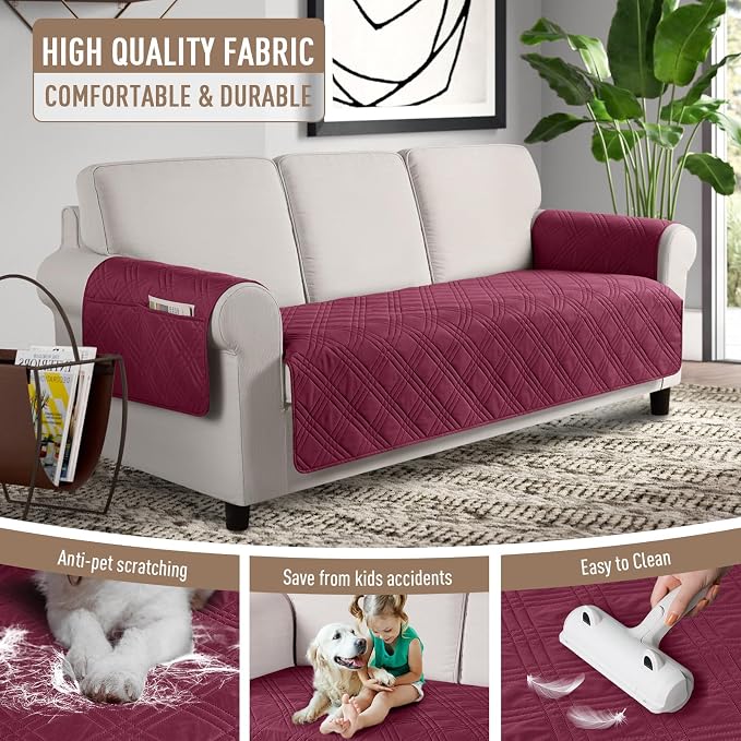 TAOCOCO Waterproof Couch Covers for Pets Dogs with Non Slip Backing, Sofa Seat Covers with Side Pocket for 3 Cushion Couch Washable Dog Couch Cover Protector Sofa Slipcovers(Sofa, Wine) - Image 4
