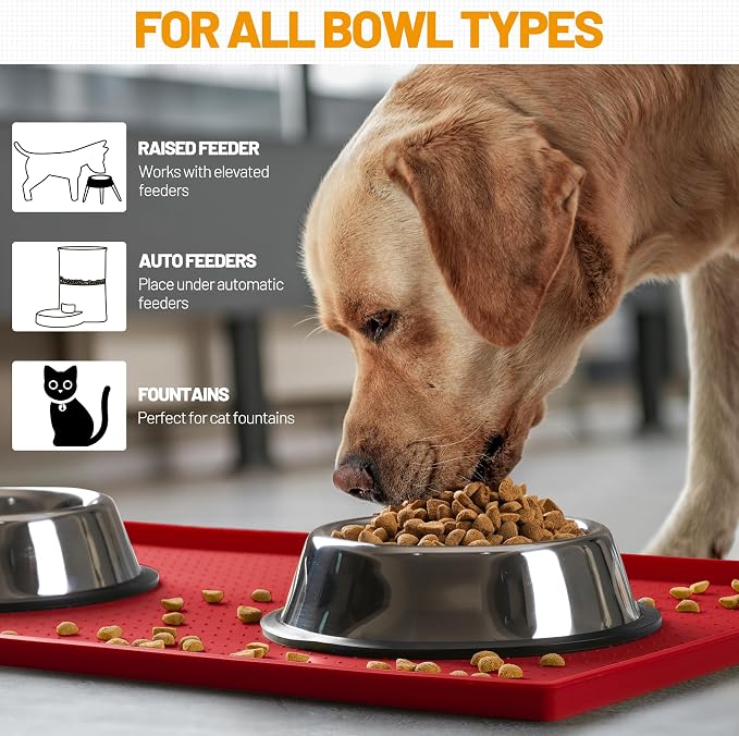 Hubulk Dog Feeding Mat,100% Waterproof Food Grade Silicone Pet Food and Water Bowl Placemat,Dishwasher, High Raised Edge to Prevent Spills,Nonslip Tray to Stop Messes on Floor (32"x24"x1.0", Red) - Image 6