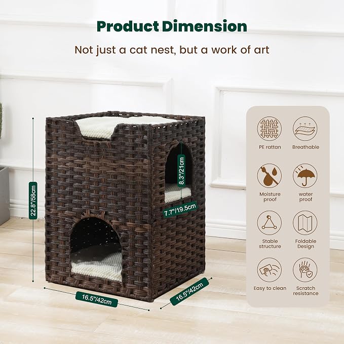 Cat Bed for Indoor Cats, a Stylish Cat Hideaway & Cat House - Handwoven Rattan Cat Cave Bed with Soft Cushion, Foldable Cat Cubes for Indoor Cats, Sturdy Cat Perch & Furniture Coffee Brown - Image 6