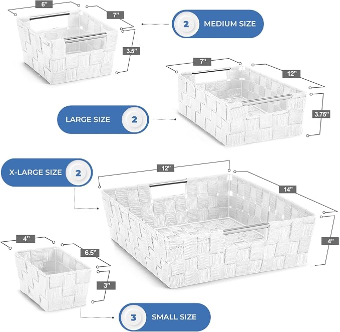 Sorbus Set of 9 Woven Storage Baskets – Mesh Hand-Woven Baskets for Organizing, Fabric Storage Bins for Linen Closet Organizer, Storage Baskets for Shelves, Home Organization and Decor (White) - Image 3