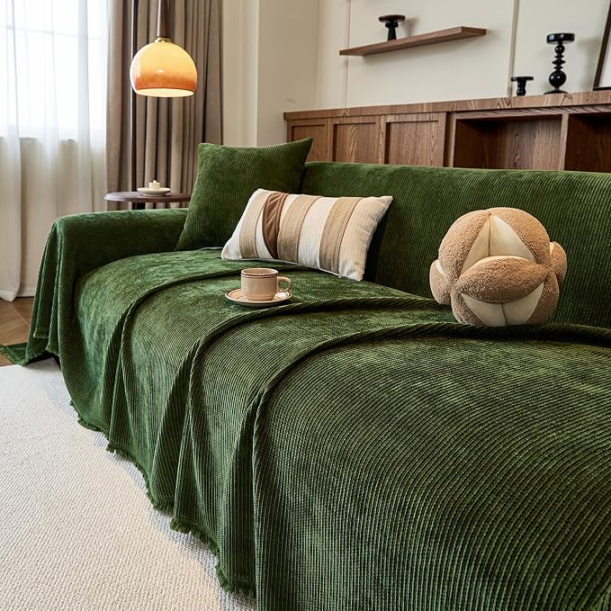 Green Boho Couch Covers for Sofa Washable for 3 Cushion Couch,71''X150'' | Chenille Furniture Protector Sofa Couch Cover for Dogs, Soft Breathable Sofa Slipcover, Couch Throw Blankets with Tassels - Image 5