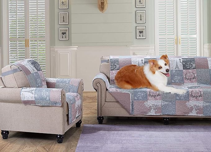 Brilliant Sunshine Latte Grey Paris & Toile Couch Cover, 70" seat | Non Slip Sofa Cover, Patchwork Design, Quilted Furniture Protector, Large Washable Slipcover for Pets, Dogs & Cats - Image 3