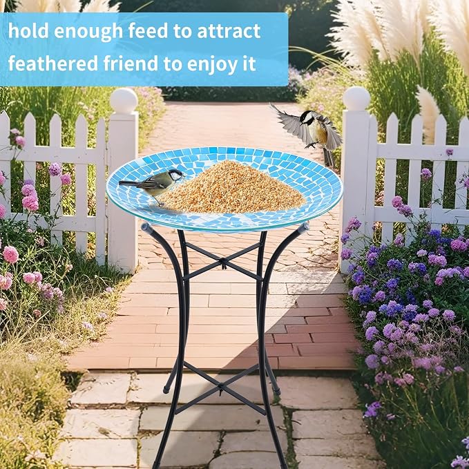 MUMTOP Mosaic Glass Bird Baths with Metal Stand Garden Decor, Dragonfly | 14 Inch Width 19.68 Inch Height Outdoor Garden Dragonfly Bird Bath Bowl, Unique Glass Birdbaths Bird Feeder for Yard Decor - Image 6