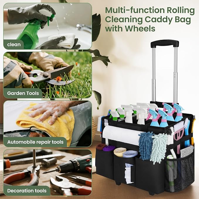 Large Rolling Cleaning Caddy with Detachable Trolley for Housekeeper | Large Capacity Cleaning Supply Organizer Bag with Wheels, Multiple Pockets, Water-resistant - Image 4