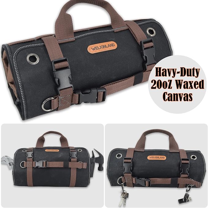 WELKINLAND Heavy-Duty Waxed Canvas Tool roll, 15-Pockets Tool Wrap Roll, 15L Tool Up Roll Bags, Tool Bag Roll, Tool roll organizer, Roll up tool bag organizer - Image 6