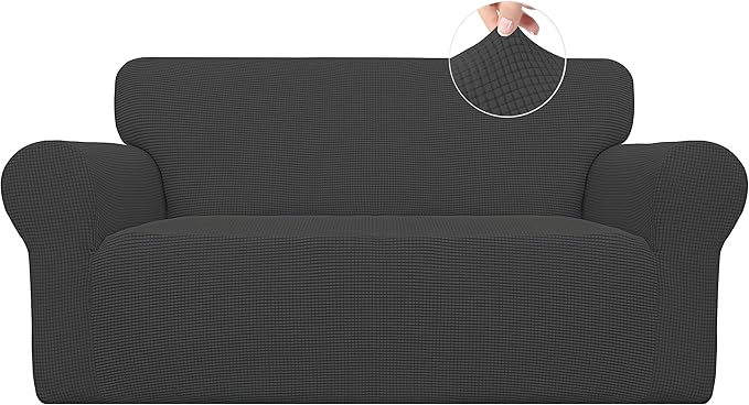 Easy-Going Stretch Loveseat Couch Covers Washable Dark Gray | 1-Piece Loveseat Covers for 2 Cushion Couch Furniture Protector RV Sofa Slipcover Soft with Bottom for Kids Pets by Easy-Going