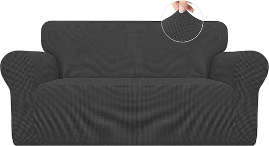 Easy-Going Stretch Loveseat Couch Covers Washable Dark Gray | 1-Piece Loveseat Covers for 2 Cushion Couch Furniture Protector RV Sofa Slipcover Soft with Bottom for Kids Pets by Easy-Going