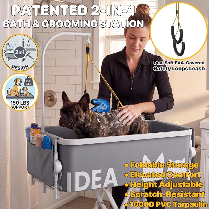 PAWZIDEA 2-in-1 Dog Bath Tub & Grooming Table 33" for Small to Medium Dogs | 5 Height Adjustable Elevated Pet Bathtub & Foldable Washing Station for Dogs Cats up to 40lbs, Storage Pocket, Indoor Outdoor - Image 3