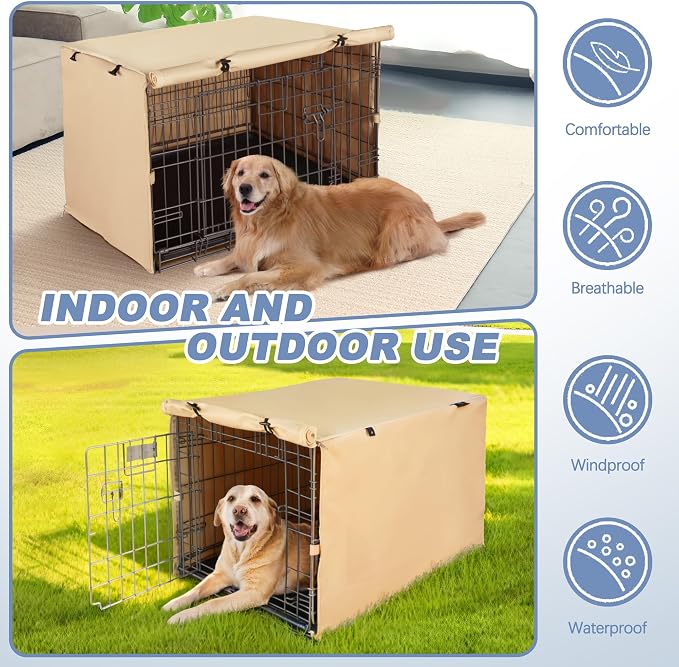 Dog Crate Cover - Double Door Waterproof Pet Kennel Cover, Durable 600D Polyester Protective Cage Cover for 24/30/36/42/48 Inch Dog Crate - Beige - Image 5