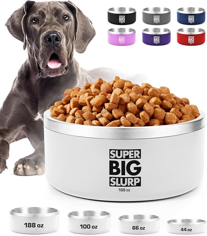 Tuff Pupper Heavy Duty Insulated Dog Bowl | Double Wall Stainless Steel Dog Food Dish | Non-Slip Spill Proof Dishwasher Safe Cat Bowl | Water Dish for Feeding Large Medium Small Pets (188oz, White) by TuffPupper