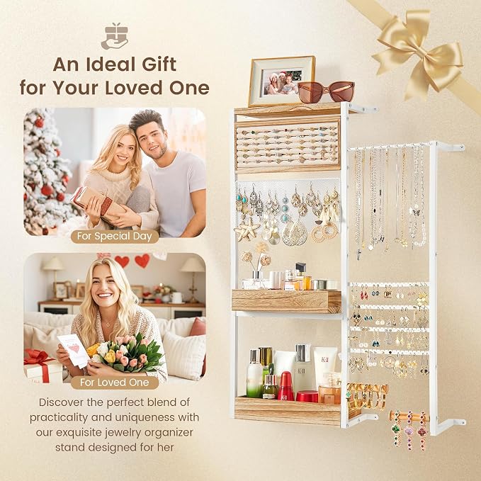 Pinzoveco Hanging Jewelry Organizer Wall Mounted, Large Hanging Jewelry Organizer Holder for Necklaces,Bracelest,Earrings,Rings,Watched,Makeup & Perfume (White) - Image 6