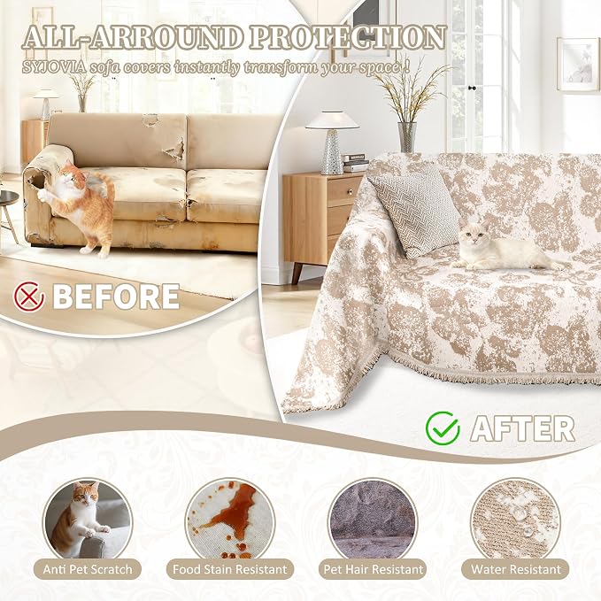 1OO% Waterproof Sectional Couch Covers for Dogs L Shaped Corner Sofa Cover Washable Chenille Sofa Slipcovers Blanket Modern Jacquard Pet Furniture Protector (91"x276", Khaki Flower Shadow) - Image 5