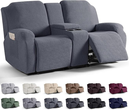 KinCam Loveseat Recliner Covers with Middle Console Slipcover, Dark Gray | Stretch Recliner Sofa Covers for 2 Seat Couch Cover, Jacquard Furniture Protector Covers with Elastic Bottom for Kids, Pets by KinCam