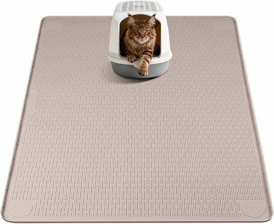 Silicone Cat Litter Mat for Litter Box 40”x40” Large Cat Mat, Khaki | Waterproof, Non-Slip, Leak-Proof Rug Mat with Lip, Easy to Clean, Extra Large Litter Catcher Mat for Floor by Bartuke