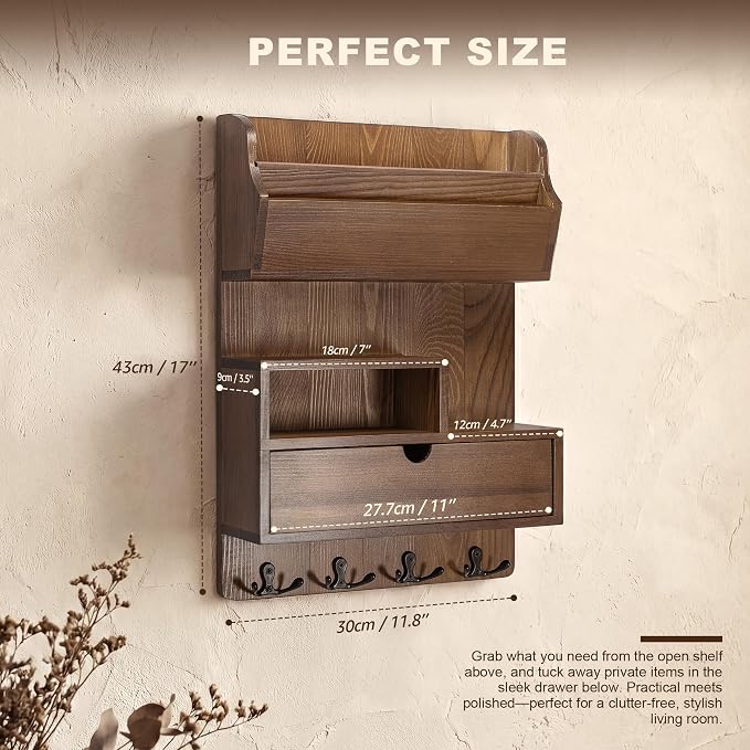 Rebee Vision Pine Wood Key Holder Wall Mount with Drawer & 4 Hooks, Brown | Farmhouse Mail and Key Organizer, 4 Key Hooks, Mail Sorter for Letters, Keep Small Essentials Tidy, Adds Retro Entryway Charm - Image 2