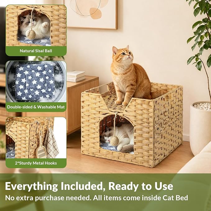 Handwoven Rattan Cat Bed Indoor Kitten, Cat Bed Cave with Cushion, Sisal Ball & S-Shaped Hooks, Foldable Hideaway Cat House for Bedroom Living Room, Natural - Image 3