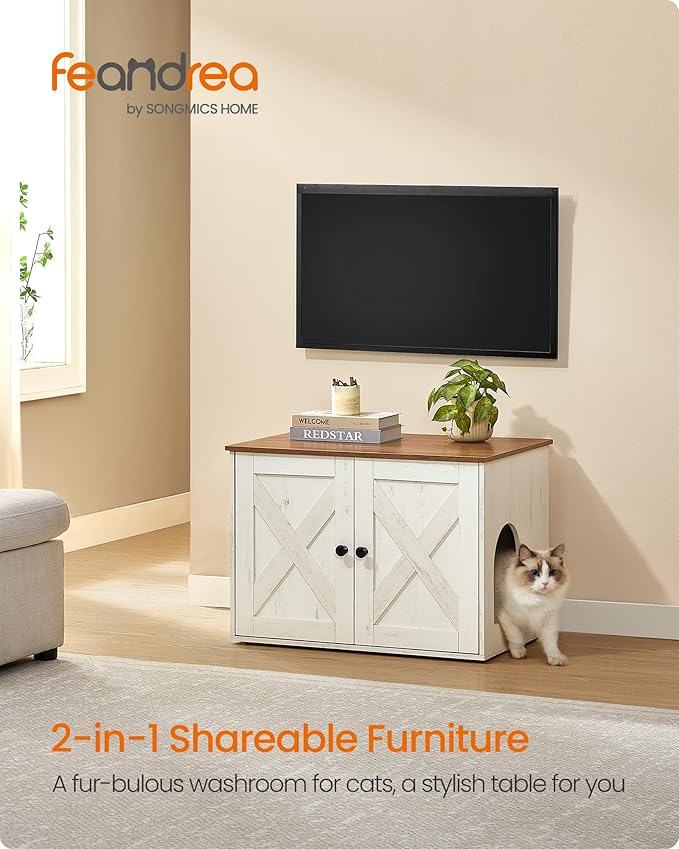 Feandrea Cat Litter Box Enclosure, Litter Box Furniture Hidden, Indoor Cat House, End Table, 27.6 x 19.7 x 19.7 Inches, Rustic White and Honey Brown UPCL022K02 - Image 2