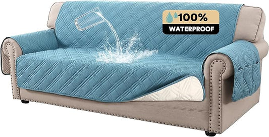 PrinceDeco 100% Waterproof Couch Cover for 3 Cushion Couch Sofa Pet Friendly Non-Slip Couch Cover for Dogs Washable Water Resistant Furniture Protector with Elastic Straps(Sofa 68", Smoke Blue) by PrinceDeco