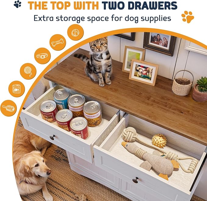 Double Tilt Out Trash Can Cabinet with Dog Bowl, 10 Gallons Dog Food Storage Cabinet, Hidden Trash Can Cabinet with Hideaway Drawer for Kitchen, Living Room (White Grain, Double Door) - Image 3