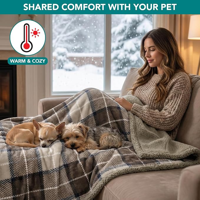 PetAmi Waterproof Dog Blanket for Couch, Extra Large 80x60, Pee Proof Sherpa Fleece Reversible Pet Throw, Furniture Protector for Bed Sofa Crate Kennel, Soft Washable Cover for Dogs, Plaid Taupe - Image 4