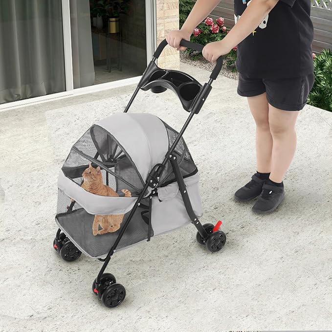 Dog Stroller with Casters, 40LBS Capacity Foldable Cat Pet Stroller with Storage Basket&Cup Holder, Foam Handle, Steel Frame for Small Medium Dogs Cats(Light Grey)