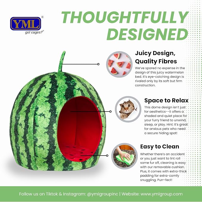 YML Watermelon Pet Bed - Cute Calming Fruit Bed with Removable Cushion for Dogs, Indoor Cats, Rabbits, Small Animals - 20 Inch, Green, Red - Image 5
