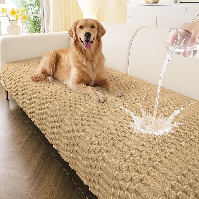 Smiry Waterproof Couch Covers for Dogs Washable, Non Slip Pet Sofa Cover | Plush Scratch Resistant Flannel Furniture Protector for Dogs, Camel, 36" x 82.7" by Smiry
