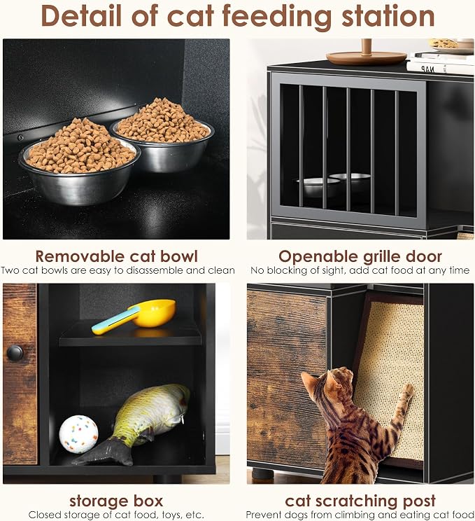 Dog-Proof Wood Cat Feeding Station with Lockable Storage & 2 Removable Stainless Steel Bowls - Anti-Spill Cat Condo with Scratching Board for Indoor Multi-Pet Homes - Image 5