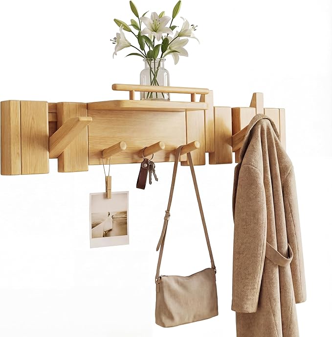 Mid Century Modern Wood Coat Rack Wall Mount with Shelf, 7 Hooks, Natural | Wood and metal wall rack with fold-down piano-key hooks and display shelf organizes coats, bags, keys and decor up to 25 lb. by Unknown