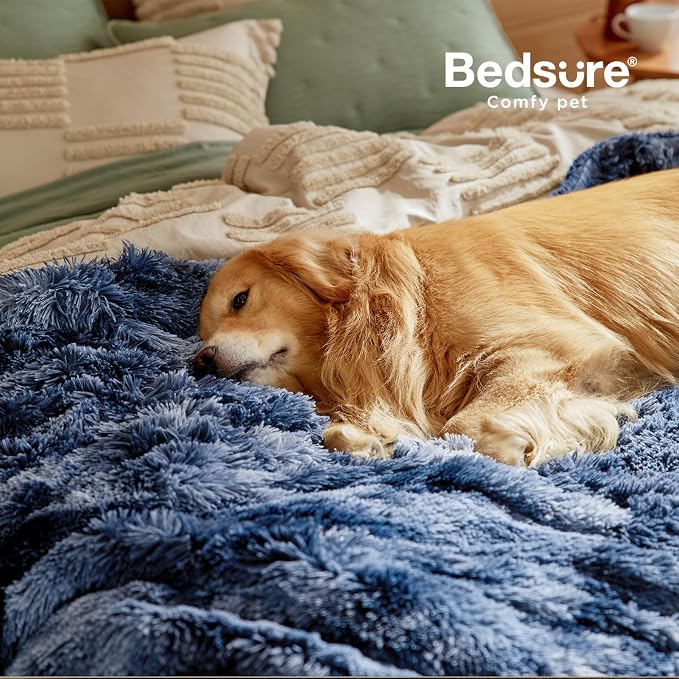 Bedsure Waterproof Dog Blankets for Large Dogs, Fluffy Faux Fur, 60×80" | Plush Fuzzy Reversible Pet Blankets for Couch and Bed, Soft Calming Throw Blanket Washable, Dog Gift, Twin Size,Tie-dye Navy - Image 6