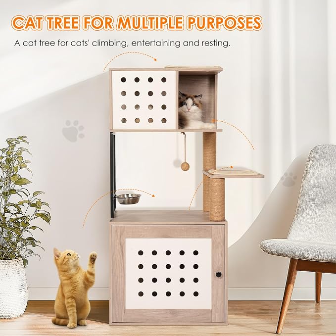 Cat Tree with Litter Box Enclosure, All-in-one Cat Tower for Indoor Cats with Large Hammock, Bed, Food Station, Scratching Posts, Modern Style Pet Furniture, Gray+White - Image 3