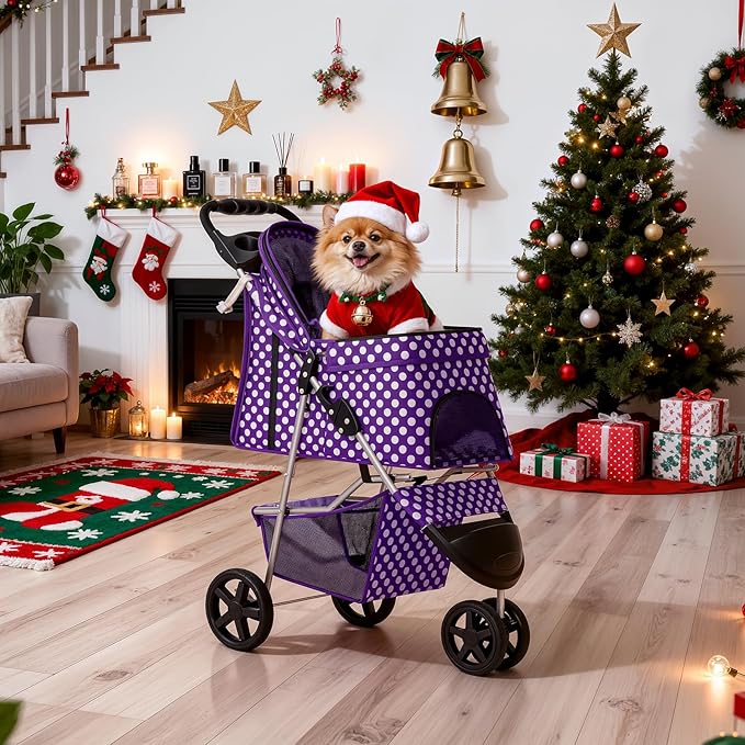 MoNiBloom 3 Wheels Pet Dog Cat Stroller for Small Medium Dogs Cats, Foldable Jogger Stroller w/Storage Basket and Cup Holder, Purple Polka Dots