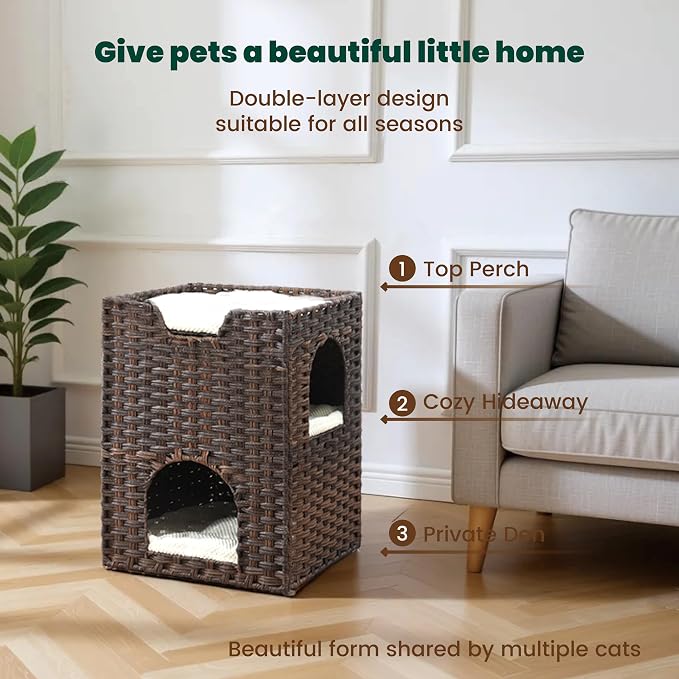 Cat Bed for Indoor Cats, a Stylish Cat Hideaway & Cat House - Handwoven Rattan Cat Cave Bed with Soft Cushion, Foldable Cat Cubes for Indoor Cats, Sturdy Cat Perch & Furniture Coffee Brown - Image 3