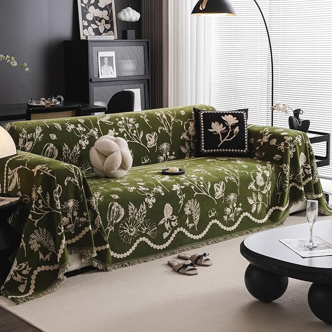 DREAMINGO Green Floral Couch Cover Farmhouse Botanical Jacquard Sofa Covers for 3 Cushion Couch Cozy Chenille Living Room Furniture Futon Sectional Sofa Slipcovers Washable, X-Large 71"x134" by DREAMINGO