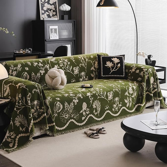 DREAMINGO Green Floral Couch Cover Farmhouse Botanical Jacquard Sofa Covers for 3 Cushion Couch Cozy Chenille Living Room Furniture Futon Sectional Sofa Slipcovers Washable, X-Large 71"x134" by DREAMINGO