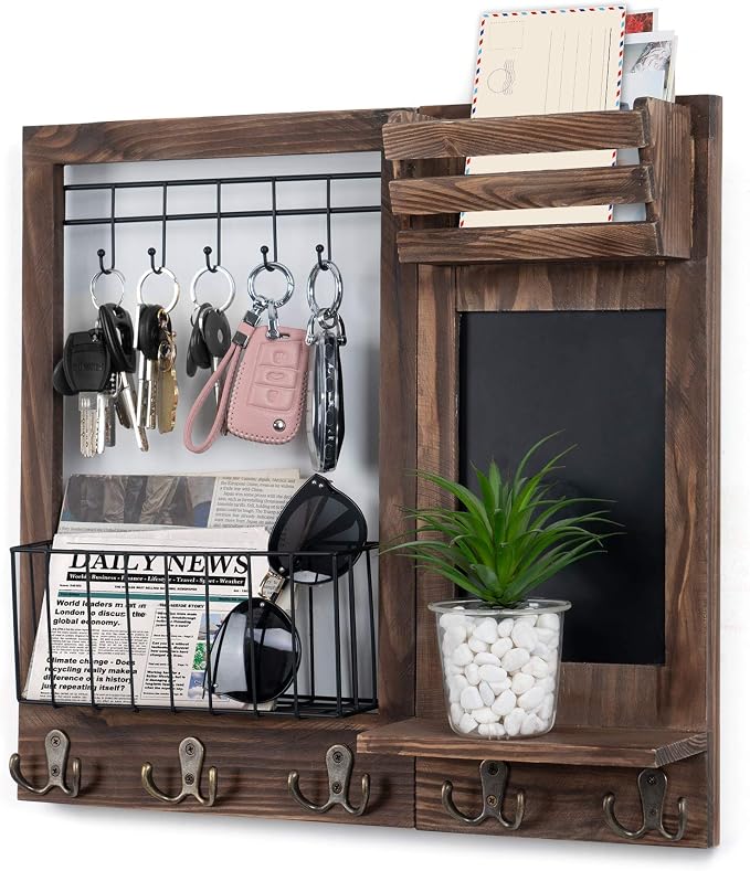 Key Holder for Wall, Mail Organizer Wall Mount with 5 Hooks and Shelf | Home Decorative with 5 Double Hooks and Chalkboard for Home Coat/Letter/Dog Leash/Entryway/Hallway/Living Room Decor by Dhmkfly