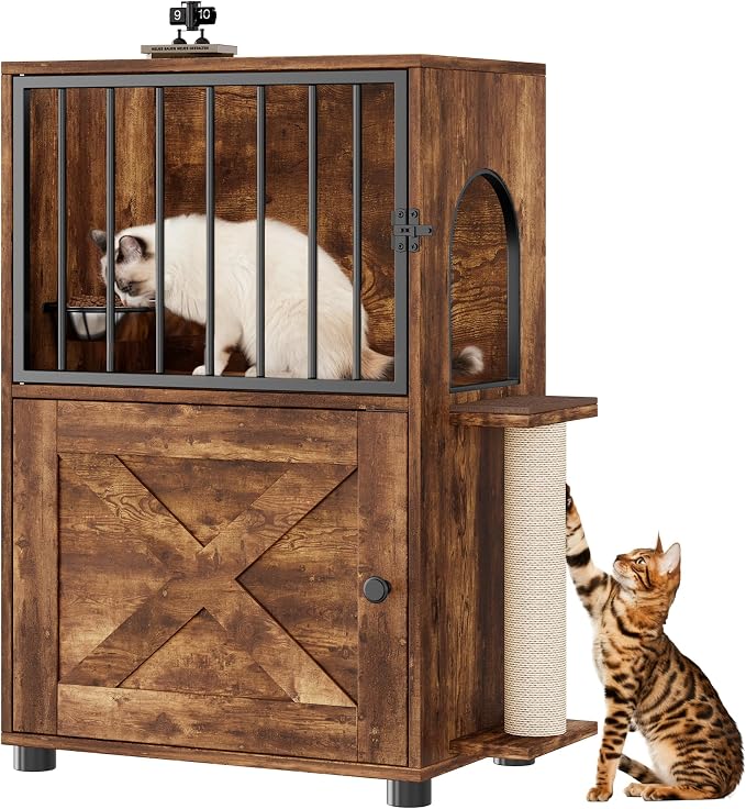 Dog Proof Cat Feeding Station, Dog Proof Cat Feeder, Cat Food Table,Vintage | Cat Feeding Station with Scratching Post, Elevated Food Bowls with Stand, Cat Tree with Food Storage, Cat House by VKTO