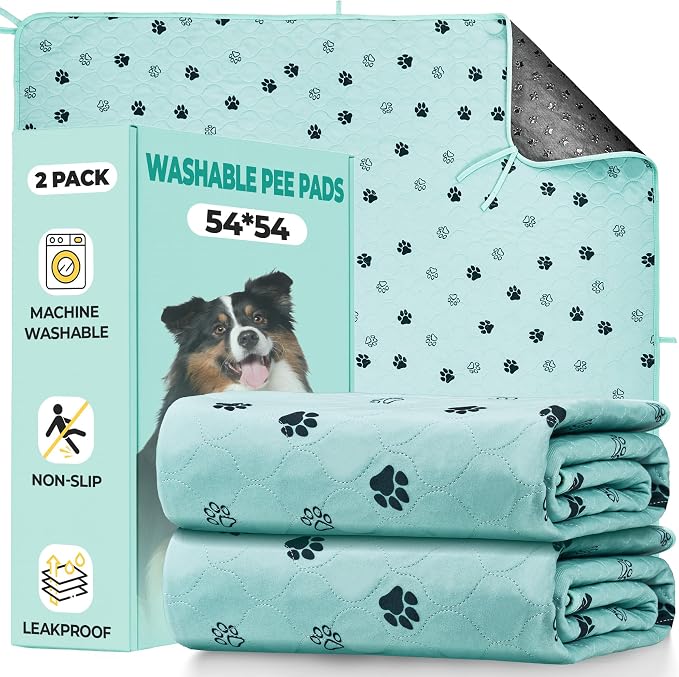 Fostanfly Washable Pee Pads for Dogs, Leak-Proof, 54"x54"-2 Pack, Green | Ultra-Absorbent, Waterproof, Non-Slip, Large Reusable Pee Pads for Puppy Potty Training, Crate and Playpen with 8 Tie Straps by HOME